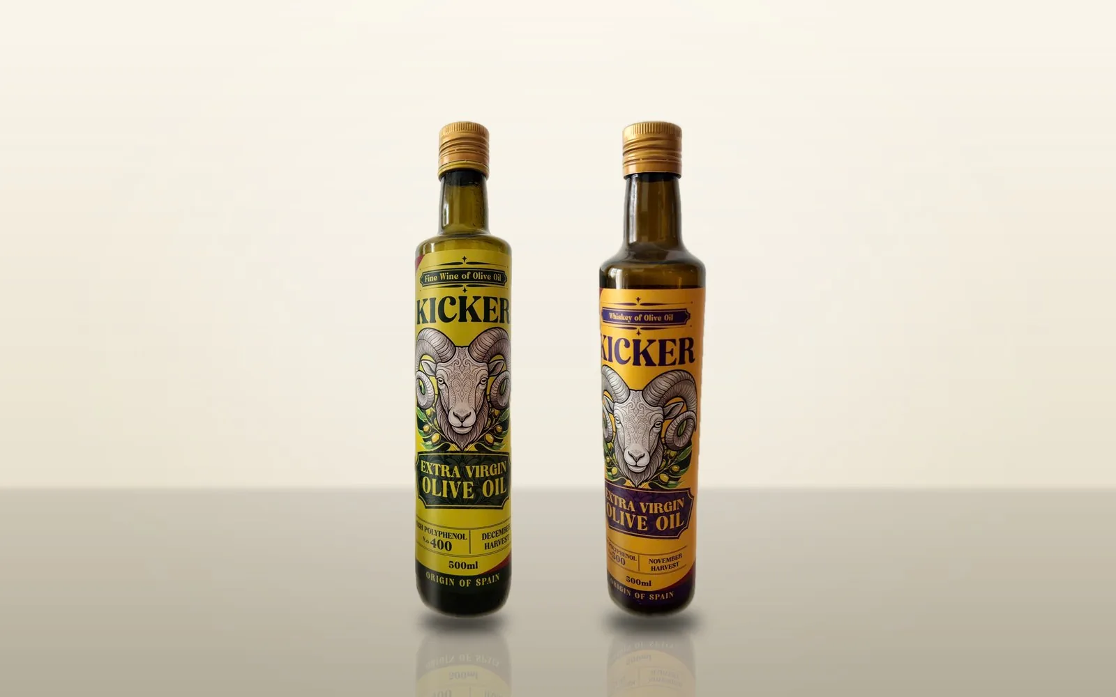 Hai chai dầu olive Kicker: Fine Wine N.º 400 và Whiskey N.º 500
