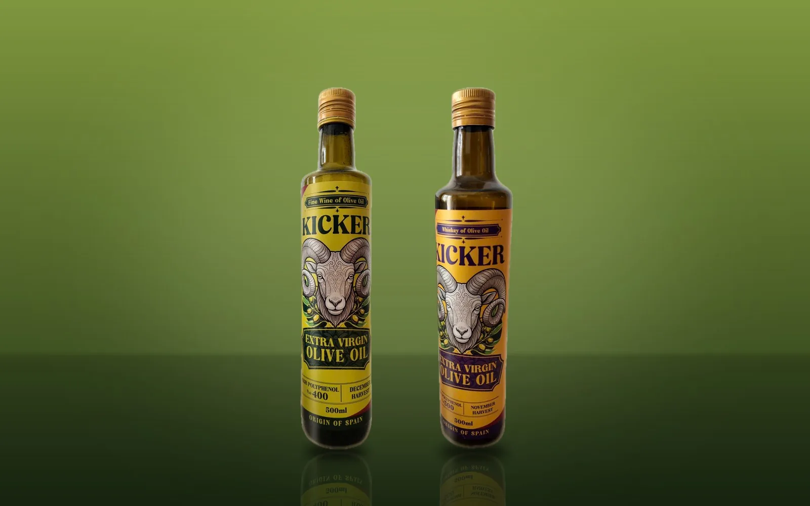 Hai chai dầu olive Kicker: Fine Wine N.º 400 và Whiskey N.º 500