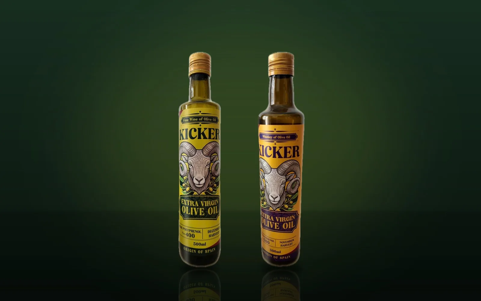 Hai chai dầu olive Kicker: Fine Wine N.º 400 và Whiskey N.º 500