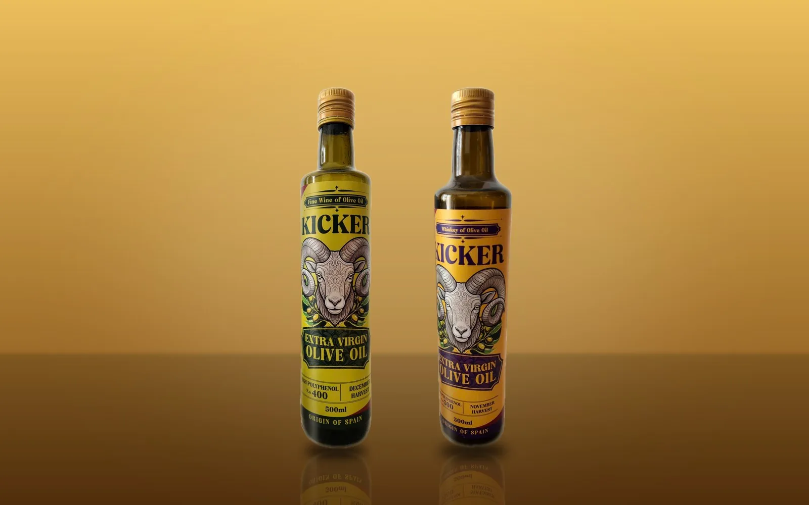 Hai chai dầu olive Kicker: Fine Wine N.º 400 và Whiskey N.º 500